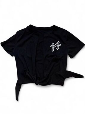 Black Double Cross Front Tie Knot Crop Top